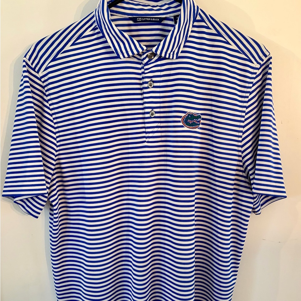 Cutter & Buck Blue and White Striped Polo with Gators Crest